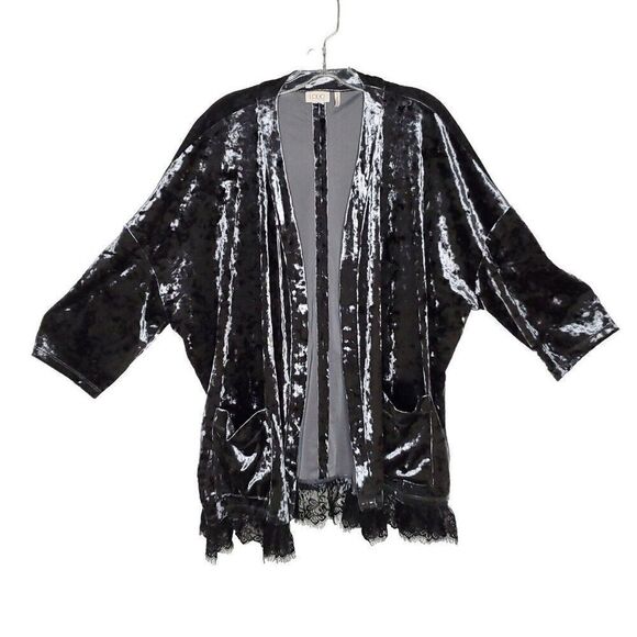 LOGO Lori Goldstein Open Cardigan L Velour Kimono Lagenlook Fairy Gray Black - Picture 2 of 6